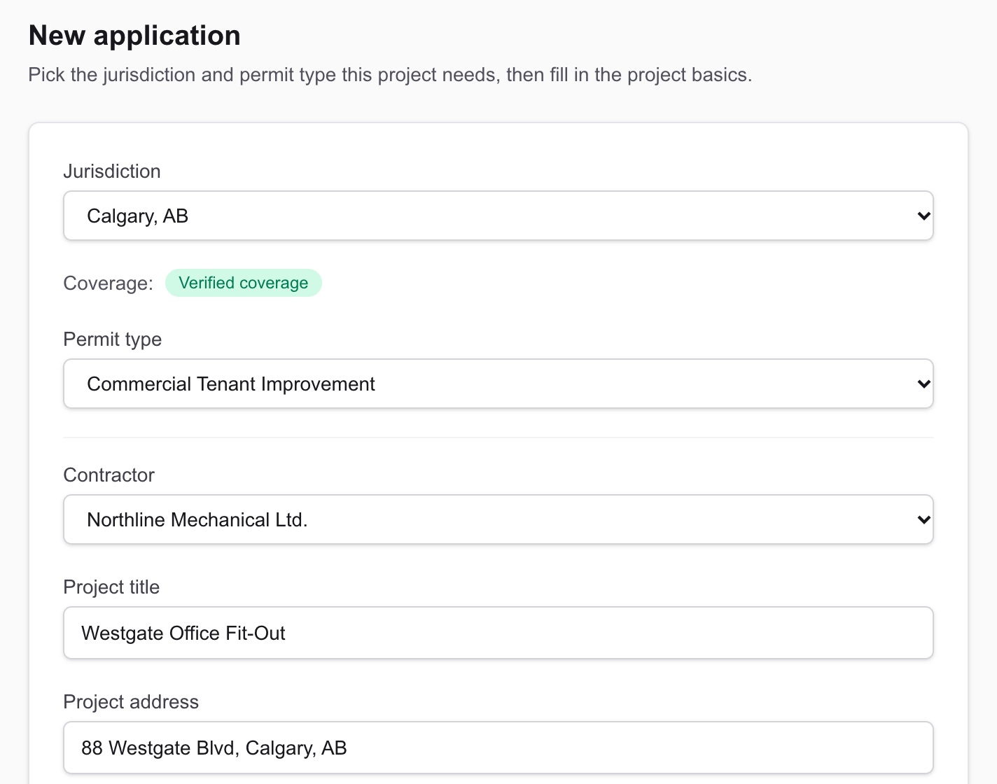 The new-application form with a jurisdiction, permit type, contractor and project details filled in