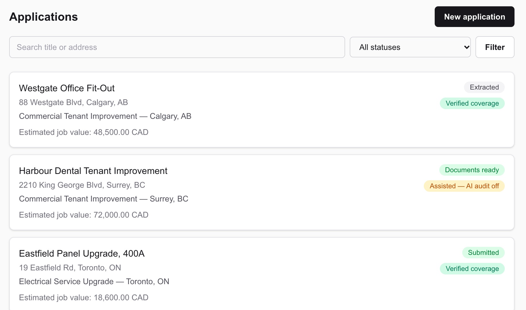 The applications list showing each permit application with its status and coverage level